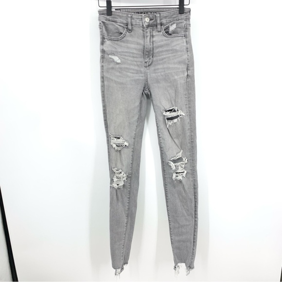 American Eagle Women Size 2 LONG Jeans Light Gray Distressed Pants Jegging Slim - Picture 1 of 8